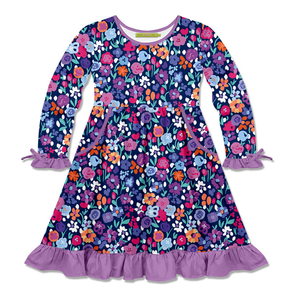 Kids Purple Confetti Floral Bow-Accent Pocket A-Line Dress
