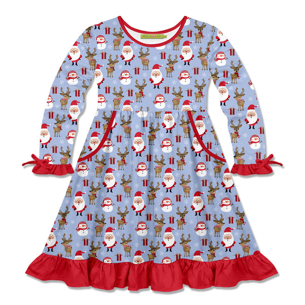 Kids Periwinkle Santa & Deer Bow-Accent Pocket A-Line Dress
