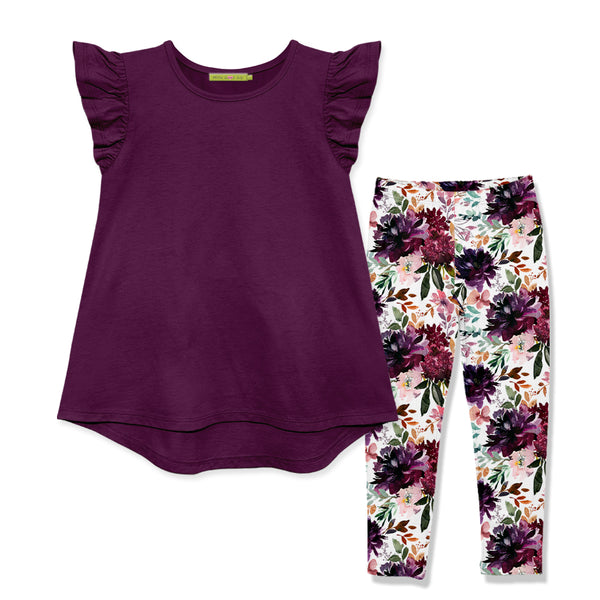 Plum Angel-Sleeve Hi-Low Top & Floral Glory Leggings