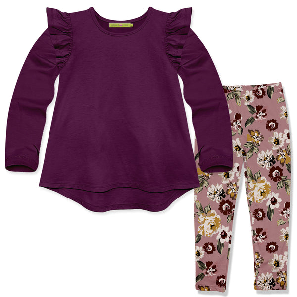 Plum Hi-Low Angel-Sleeve Top & Earth Floral Leggings