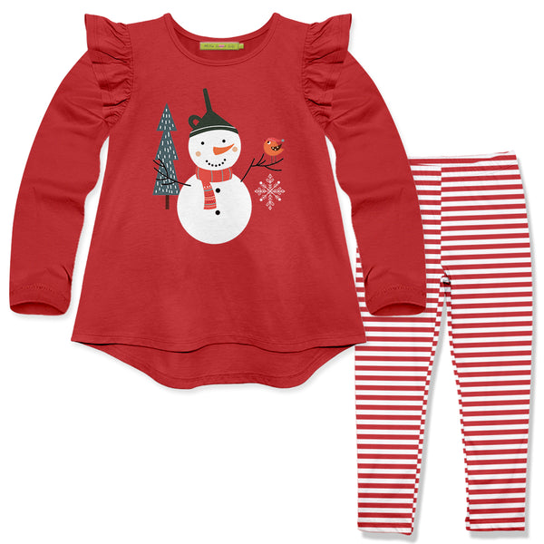 Red Snowman Ruffle Long-Sleeve Hi-Low Top & Stripe Leggings