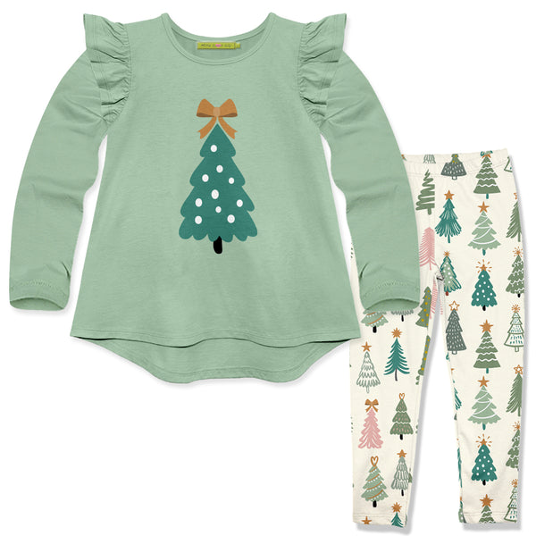Sage Ruffle Long-Sleeve Hi-Low Top & Tree Delight Leggings
