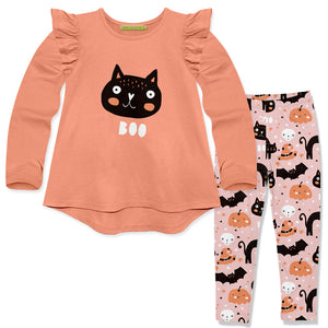 Coral Ruffle Long-Sleeve Hi-Low Top & Halloween Scare Leggings