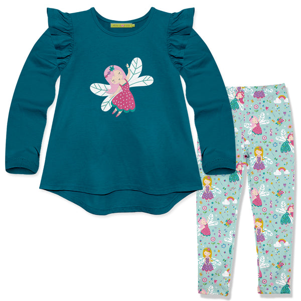 Teal Ruffle Long-Sleeve Hi-Low Top & Mint Fairies Leggings