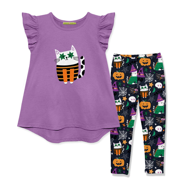 Purple Kitty Angel-Sleeve Hi-Low Top & Halloween Attic Leggings