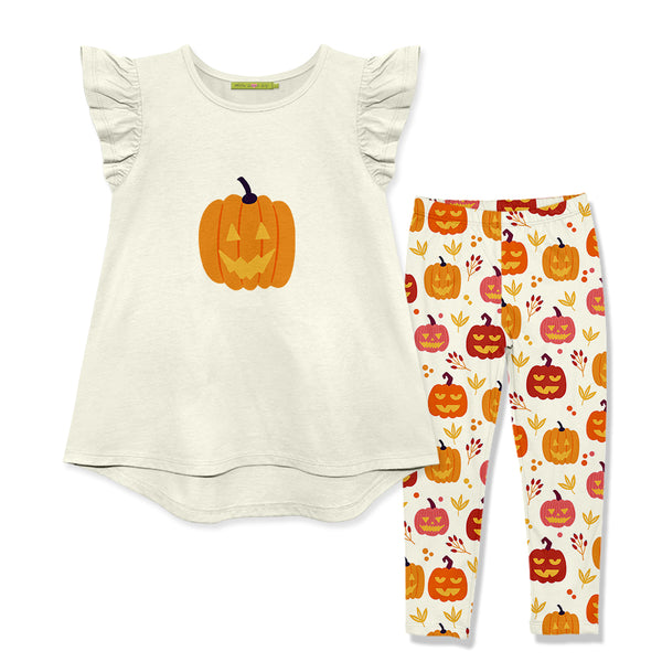 Cream Angel-Sleeve Top & Pumpkins Leggings