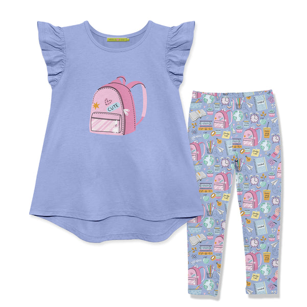 Periwinkle Backpack Angel-Sleeve Top & School Supplies Leggings