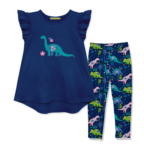 Navy Angel-Sleeve Top & Dino Jungle Leggings