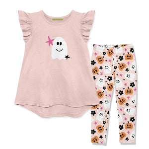 Pink Pumpkin Ghost Angel-Sleeve Hi-Low Top & Leggings