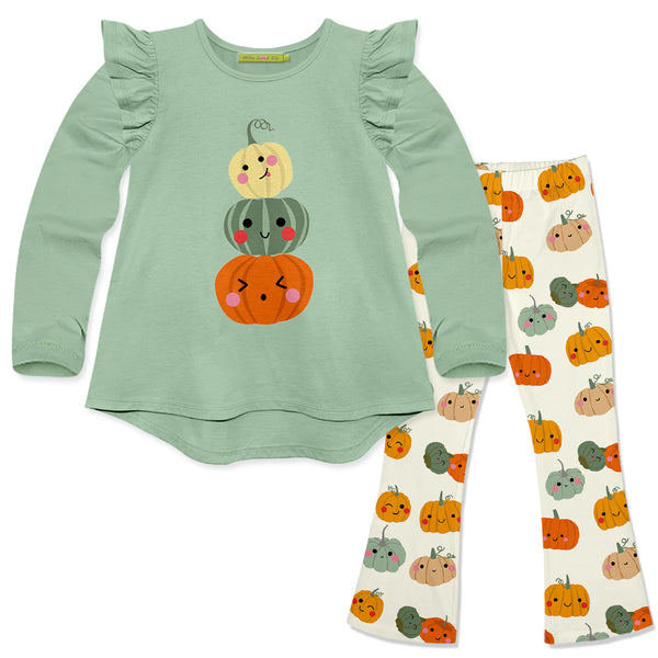 Sage Ruffle Long-Sleeve Hi-Low Top & Winking Pumpkin Flare Leggings