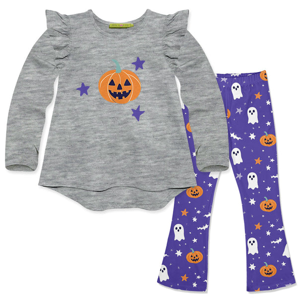 Kids Pumpkin Face Long-Sleeve Hi-Low Top & Pumpkin Stars Flare Leggings
