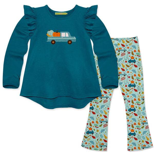Kids Teal Ruffle Long-Sleeve Hi-Low Top & Traveling Pumpkins Flare Leggings
