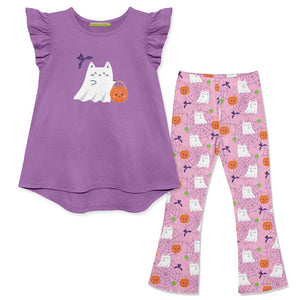 Kids Halloween Print Hi-Low Top & Ghost&Lollipops Flare Leggings