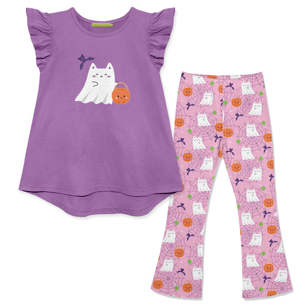 Kids Halloween Print Hi-Low Top & Ghost&Lollipops Flare Leggings