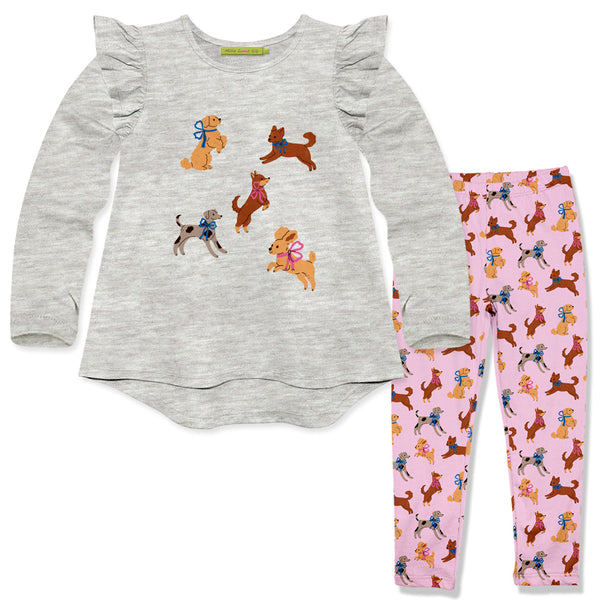 Kids Gray  Hi-Low Top & Puppies'n Bows Leggings