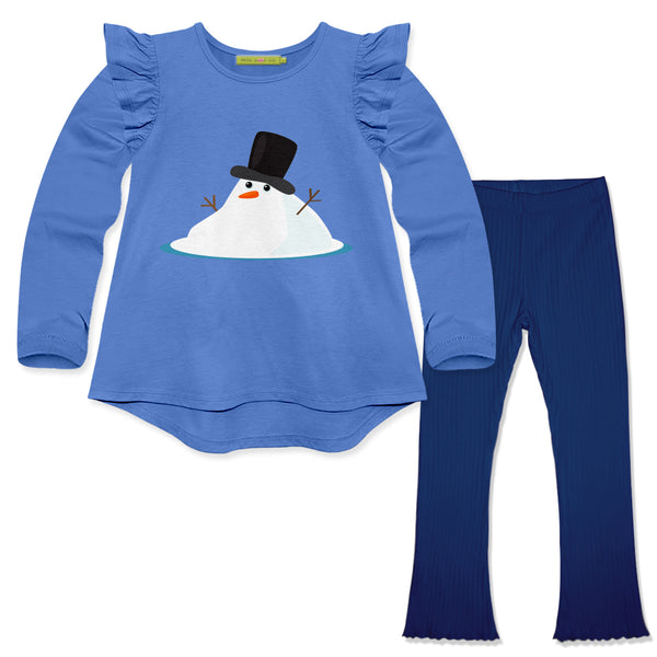 Marina Blue Melting Snowman Hi-Low Top & Navy Ribbed Flare Leggings