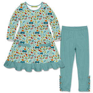Kids Travelling Pumpkins Pocket Long-Sleeve A-Line Dress & Nile Blue Button Leggings