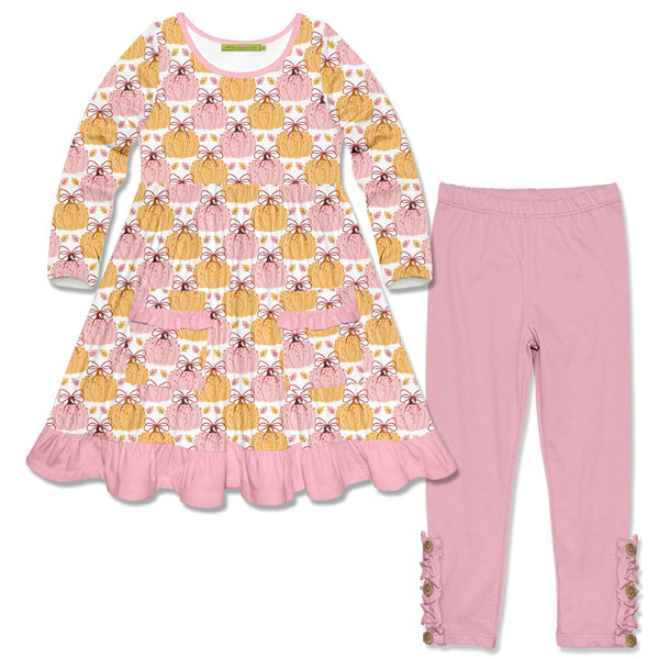Kids Pumpkin Bows Pocket Long-Sleeve A-Line Dress & Pink Button Leggings