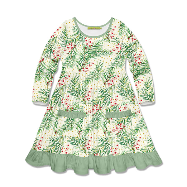 Sage Pine Cones Patch-Pocket Long-Sleeve A-Line Dress