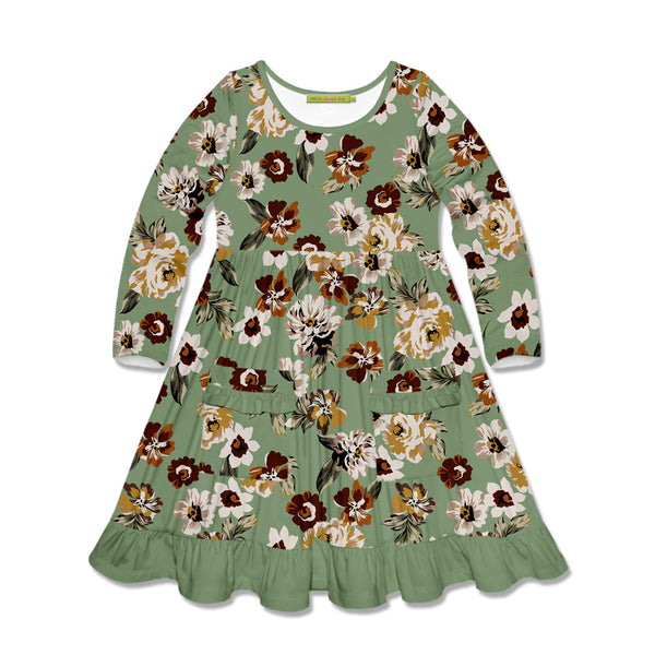 Loden Frost Earth Floral Pocket Long-Sleeve A-Line Dress