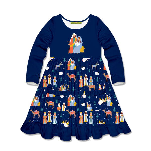 Navy Nativity Pocket Long-Sleeve A-Line Dress