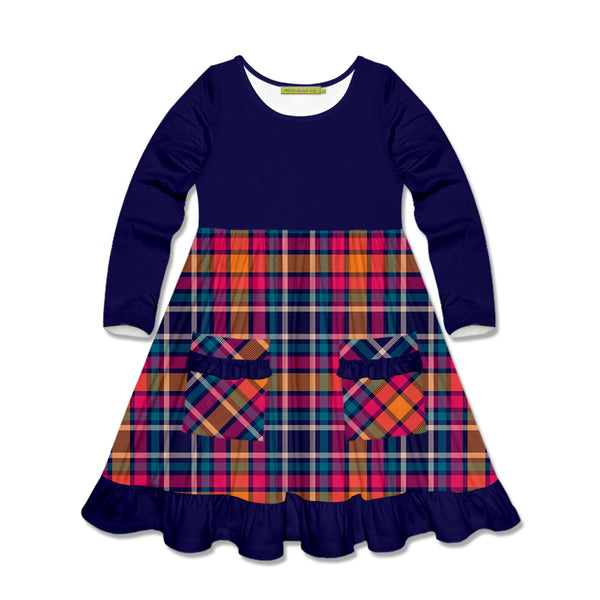 Navy Plaid Patch-Pocket Long-Sleeve A-Line Dress