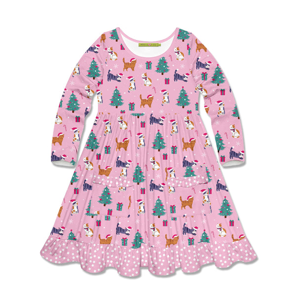 Pink Christmas Forest Patch-Pocket Long-Sleeve A-Line Dress