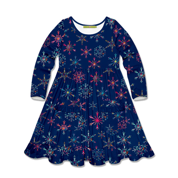 Navy Snowflake Patch-Pocket Long-Sleeve A-Line Dress