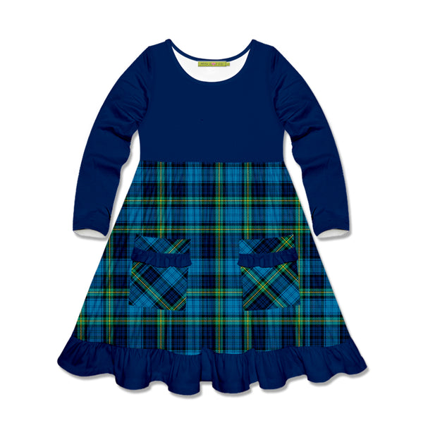 Navy & Blue Plaid Patch-Pocket Long-Sleeve A-Line Dress