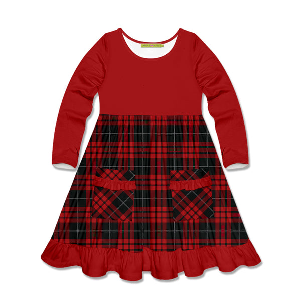 Red Plaid Patch-Pocket Long-Sleeve A-Line Dress