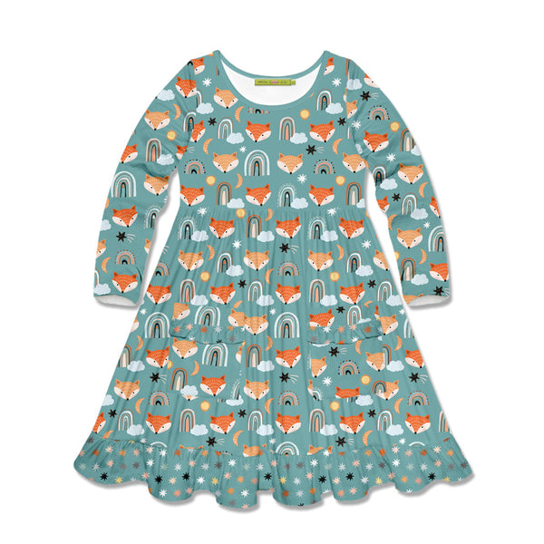 Kids Nile Blue Rainbow Fox Patch-Pocket Long-Sleeve A-Line Dress