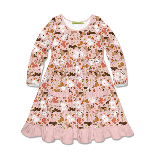 Kids Pink Dog Days Patch-Pocket Long-Sleeve A-Line Dress