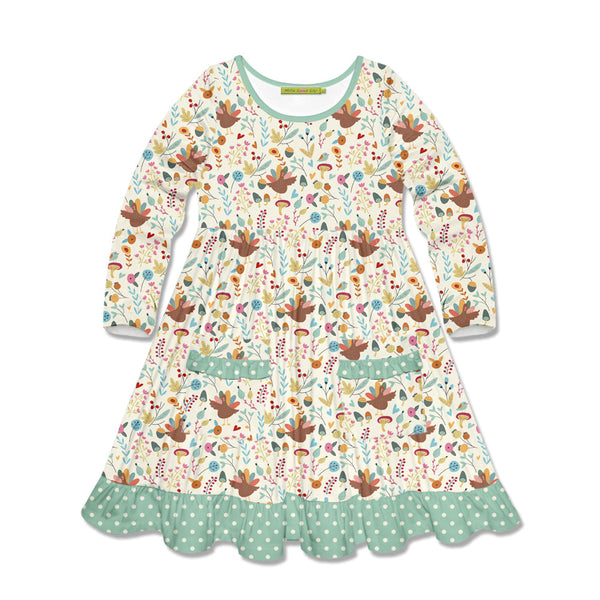 Kids Cream Turkey Garden Patch-Pocket Long-Sleeve A-Line Dress