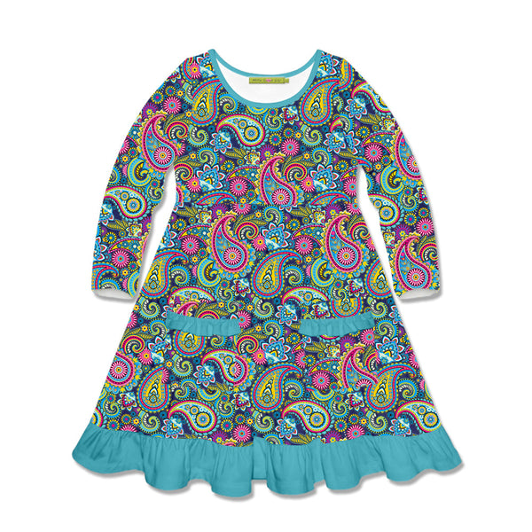 Kids Turquoise Paisley Perfect Patch-Pocket Long-Sleeve A-Line Dress
