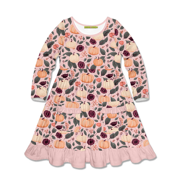 Kids Peachy Pumpkin Patch-Pocket Long-Sleeve A-Line Dress