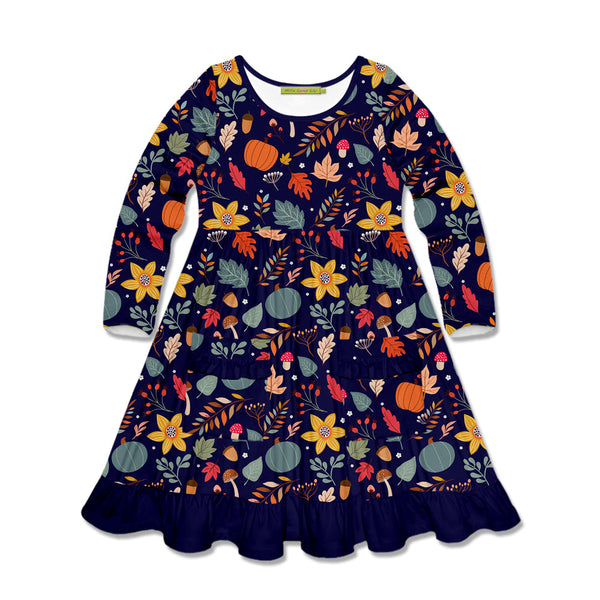 Kids Dark Navy Forest Flowers Patch-Pocket Long-Sleeve A-Line Dress