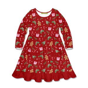 Kids Red Christmas Holly Patch Pocket Long Sleeve A-Line Dress