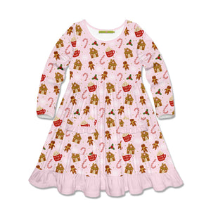 Kids Pink Gingerbread Patch Pocket Long Sleeve A-Line Dress