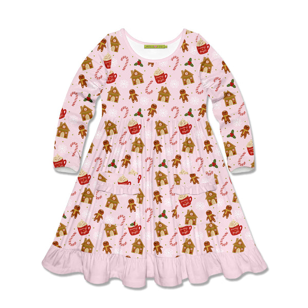 Kids Pink Gingerbread Patch Pocket Long Sleeve A-Line Dress
