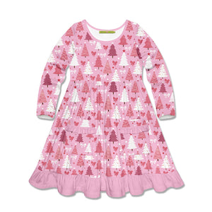 Kids Pink Christmas Trees Patch Pocket Long Sleeve A-Line Dress