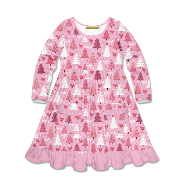 Kids Pink Christmas Trees Patch Pocket Long Sleeve A-Line Dress