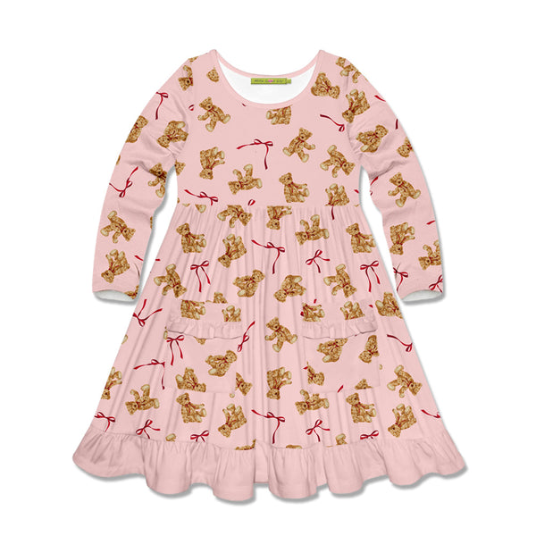 Kids Pink Teddy Bear & Bows Patch-Pocket Long-Sleeve A-Line Dress
