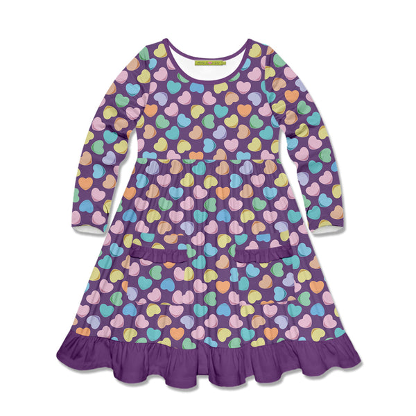 Kids Purple Candy Hearts Patch-Pocket Long-Sleeve A-Line Dress