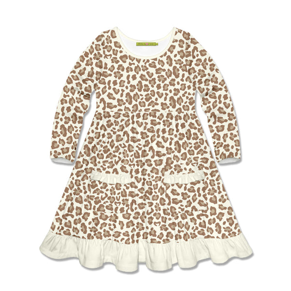Kids Neutral Skin Print Patch-Pocket Long-Sleeve A-Line Dress
