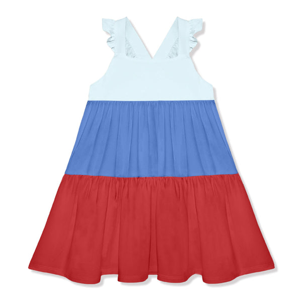 Marina Blue & Red Color Block Tiered Dress