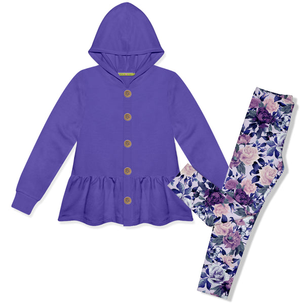 Blue Iris Button-Up Hoodie & Fame Floral Leggings