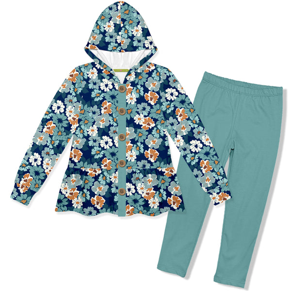 Floral Bloom Velour Hoodie & Nile Blue Leggings
