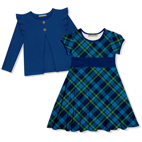 Blue Plaid Cap-Sleeve Dress & Cobalt Ruffle Cardigan