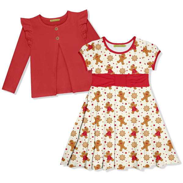 Cream Gingerbread Cap-Sleeve Dress & Red Ruffle Cardigan