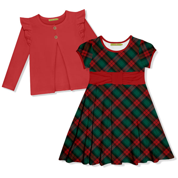 Christmas Plaid Cap-Sleeve Dress & Red Ruffle Cardigan